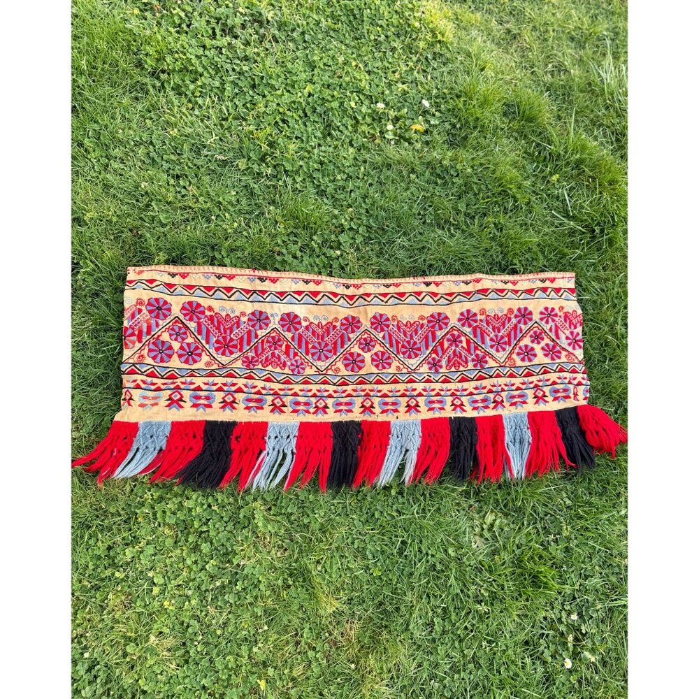 Antique Traditional Hungarian Folk Long Pillowcase In Red And Blue